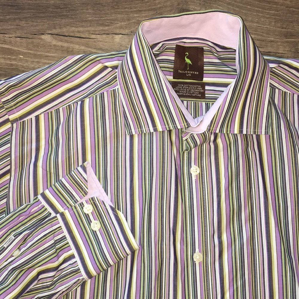 Tailorbyrd Purple Green stripe ls casual shirt L
